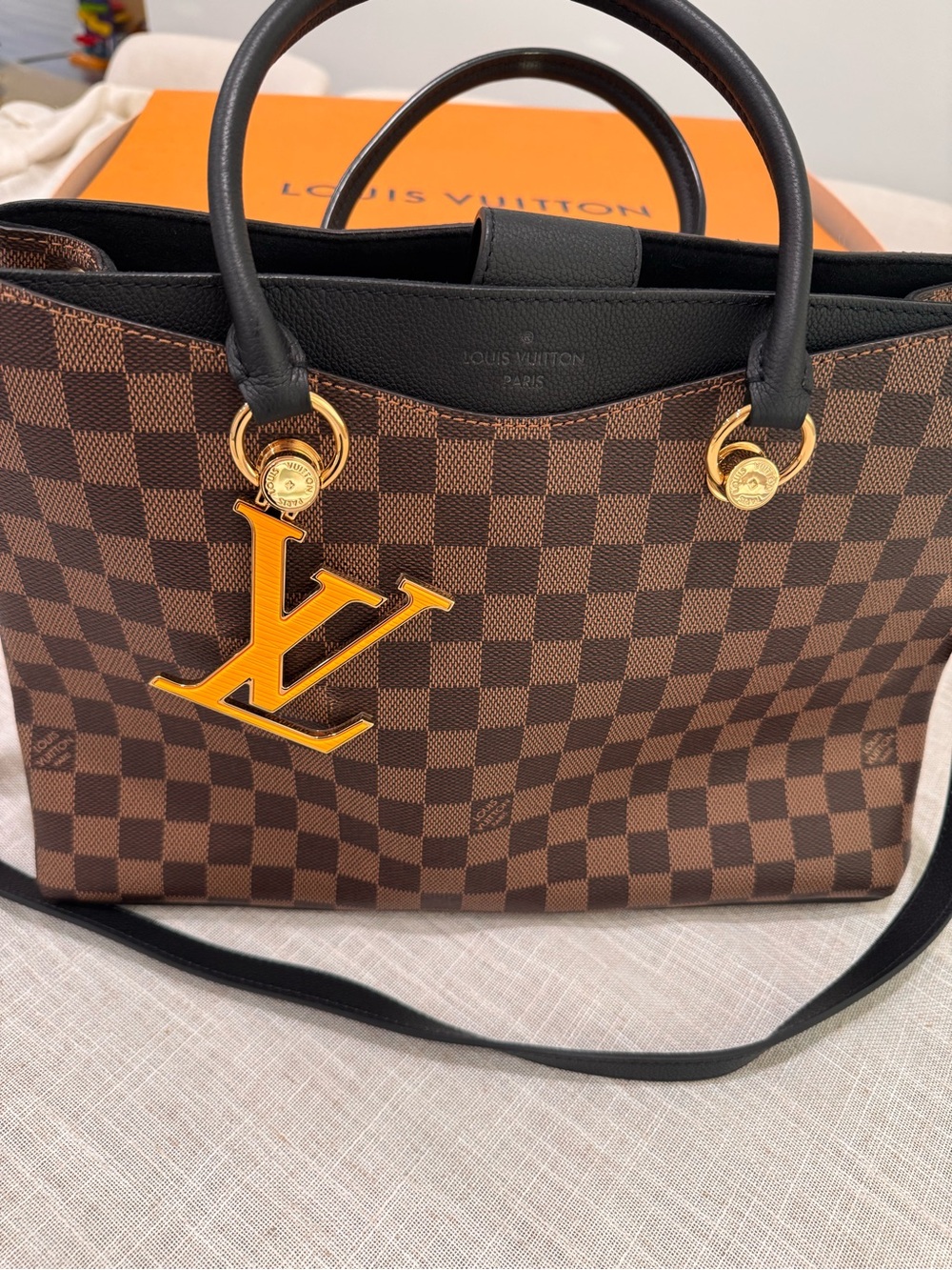 Louis Vuitton Brown Damier Ebene Canvas Tote with Black Trim and Yellow LV Charm - Picture 14 of 15